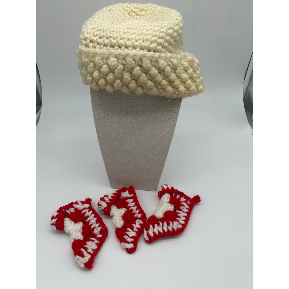 Crochet Winter Hat & Mini Red Christmas Stocking Ornaments Set Holiday Decor